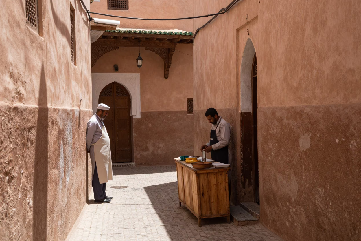 Noon Light on Marrakech Medina Alley with Aprons and Blue Porcelain Plate in in Marrakech, Morocco