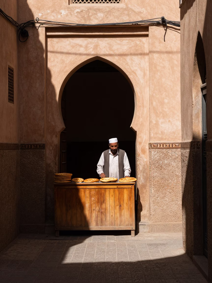 Noon Light on Marrakech Medina Street with Manakeesh and Local Life in in Marrakech, Morocco