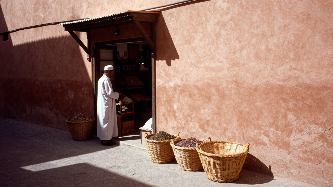 Noon Light on Marrakech Medina Wicker Basket and Traditional Bell in in Marrakech, Morocco