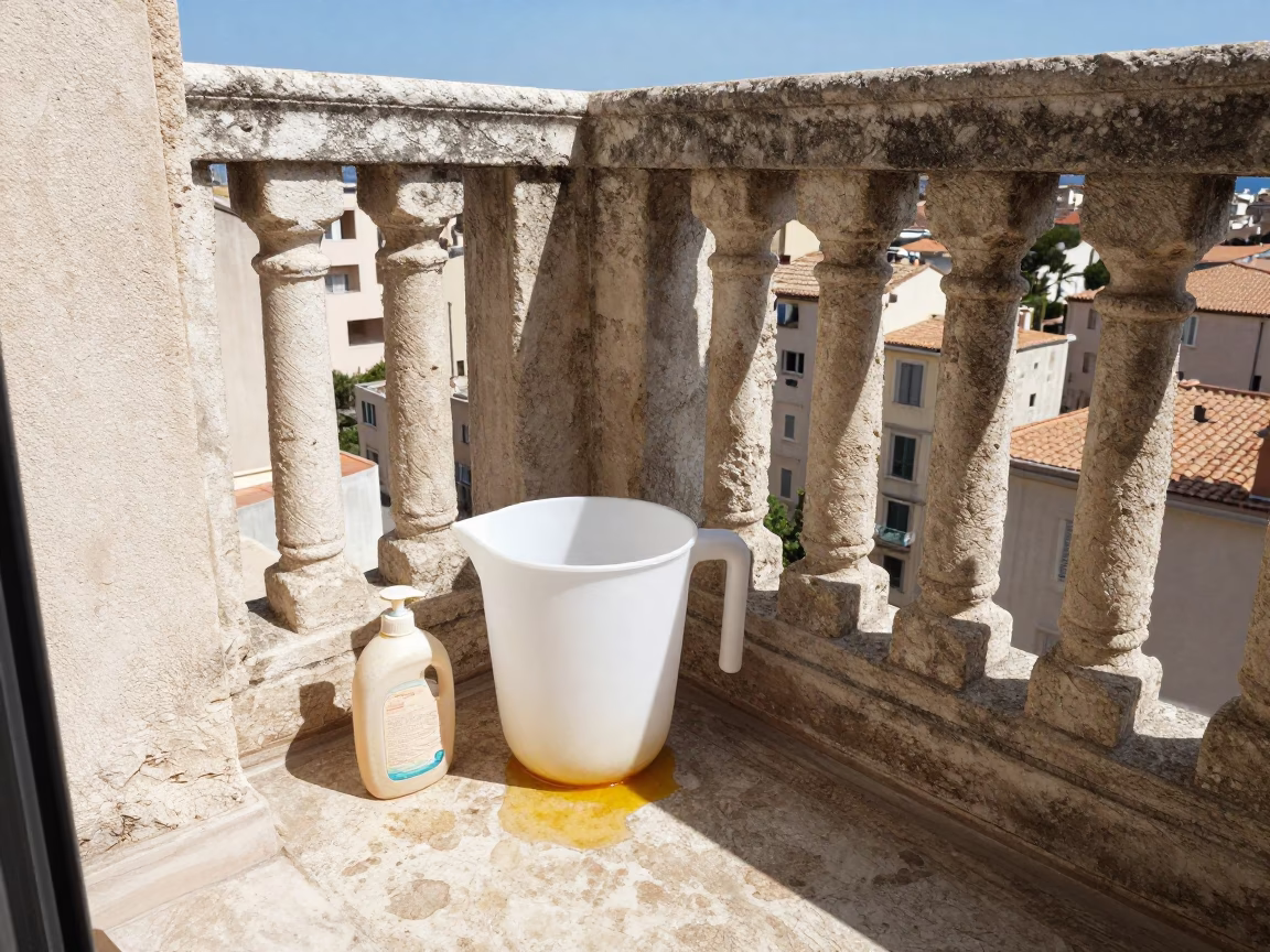 Noon light on Marseille balcony laundry soap residue and vintage radio in in Marseille, France
