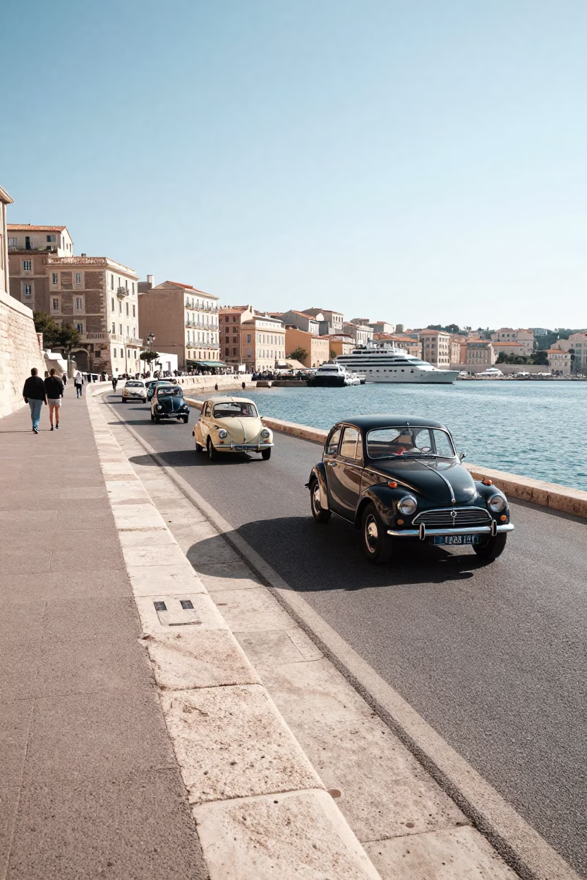 Noon Light on Marseille Port Quays with Vintage Cars and Sailboats in in Marseille, France