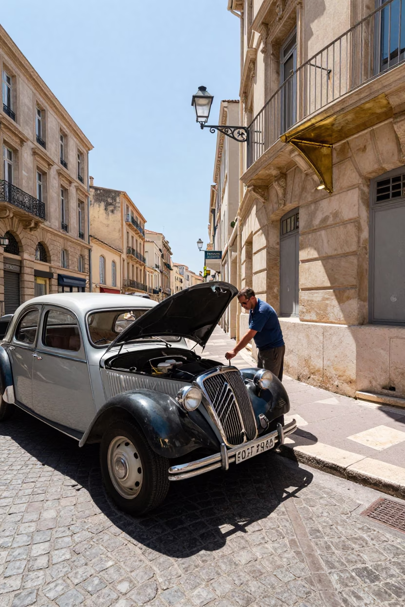Noon Light on Marseille Street with Brass Shelf and Spanner in in Marseille, France