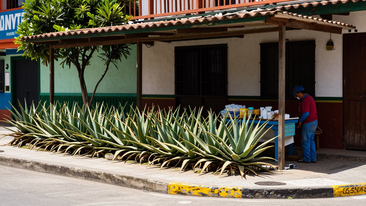 Noon Light on Medellin Street Corner with Aloe Plantation and Vintage Radio in in Medellin, Colombia