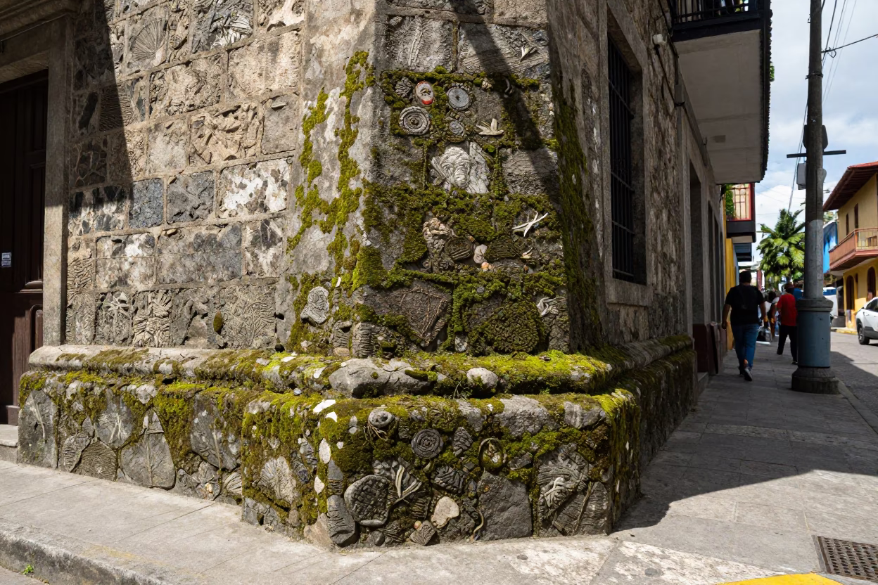 Noon Light on Medellin Street Corner with Mossy Stone Wall and Rusty Metal Details in in Medellin, Colombia