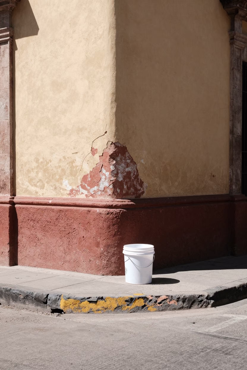 Noon light on Merida street corner with dust on bucket and jam jar in in Merida, Mexico