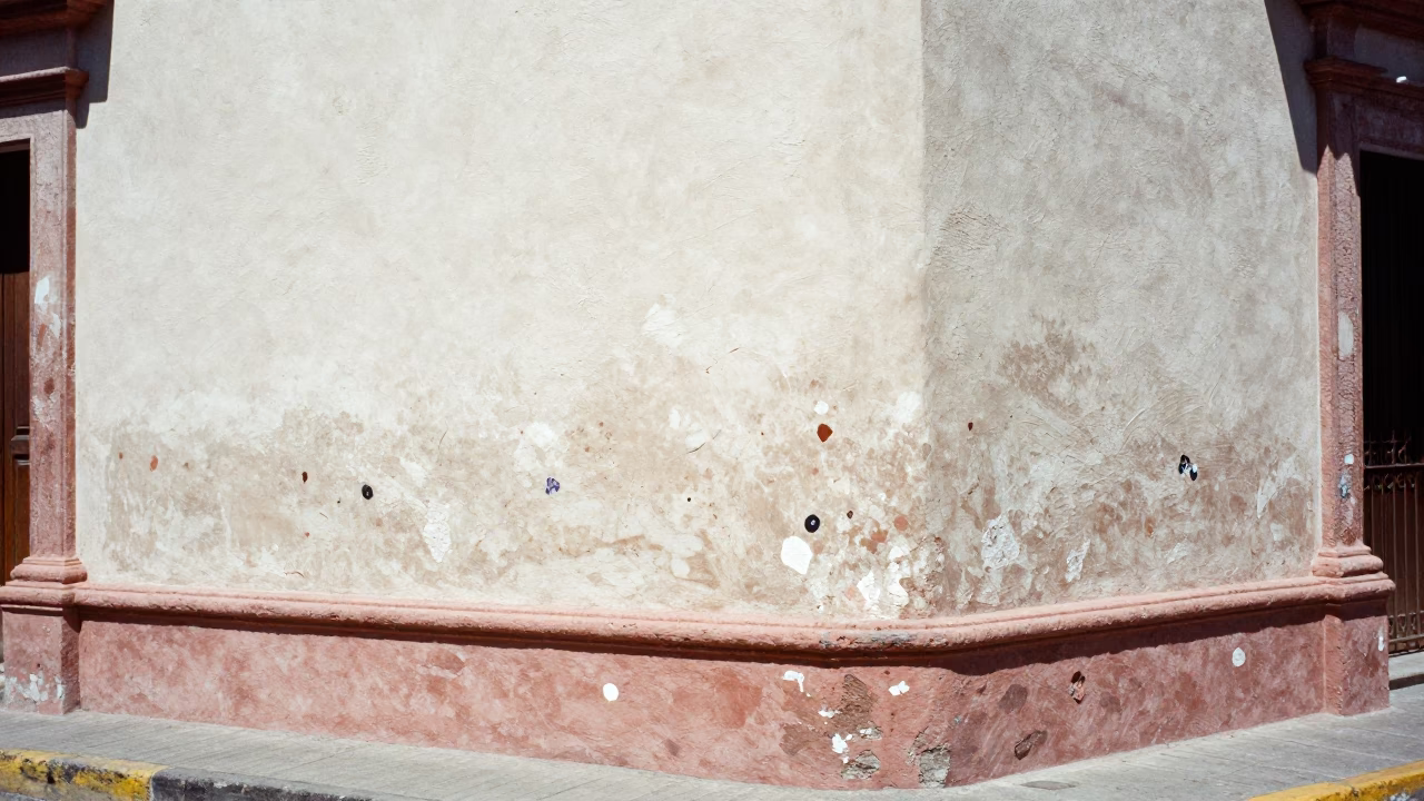 Noon Light on Merida Street Corner with Paint Flecks and Tin Box in in Merida, Mexico