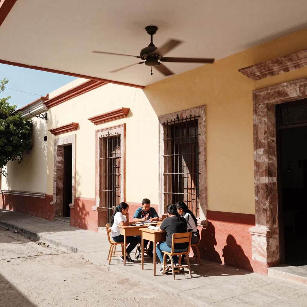 Noon Light on Merida Street with Ceiling Fan and Chalkboard Lesson in in Merida, Mexico