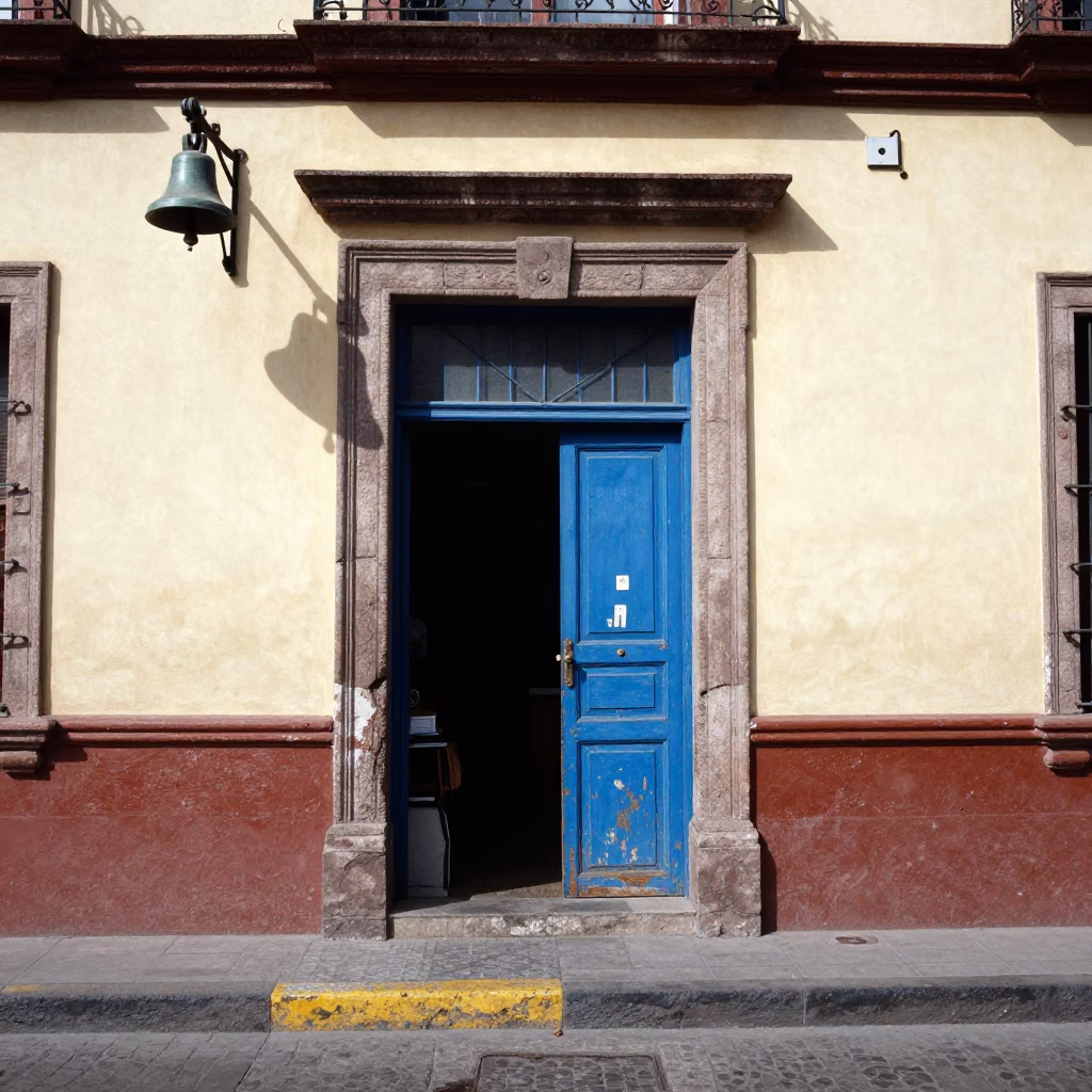 Noon Light on Mexico City Street Corner with Bell and Hinge Details in in Mexico City, Mexico