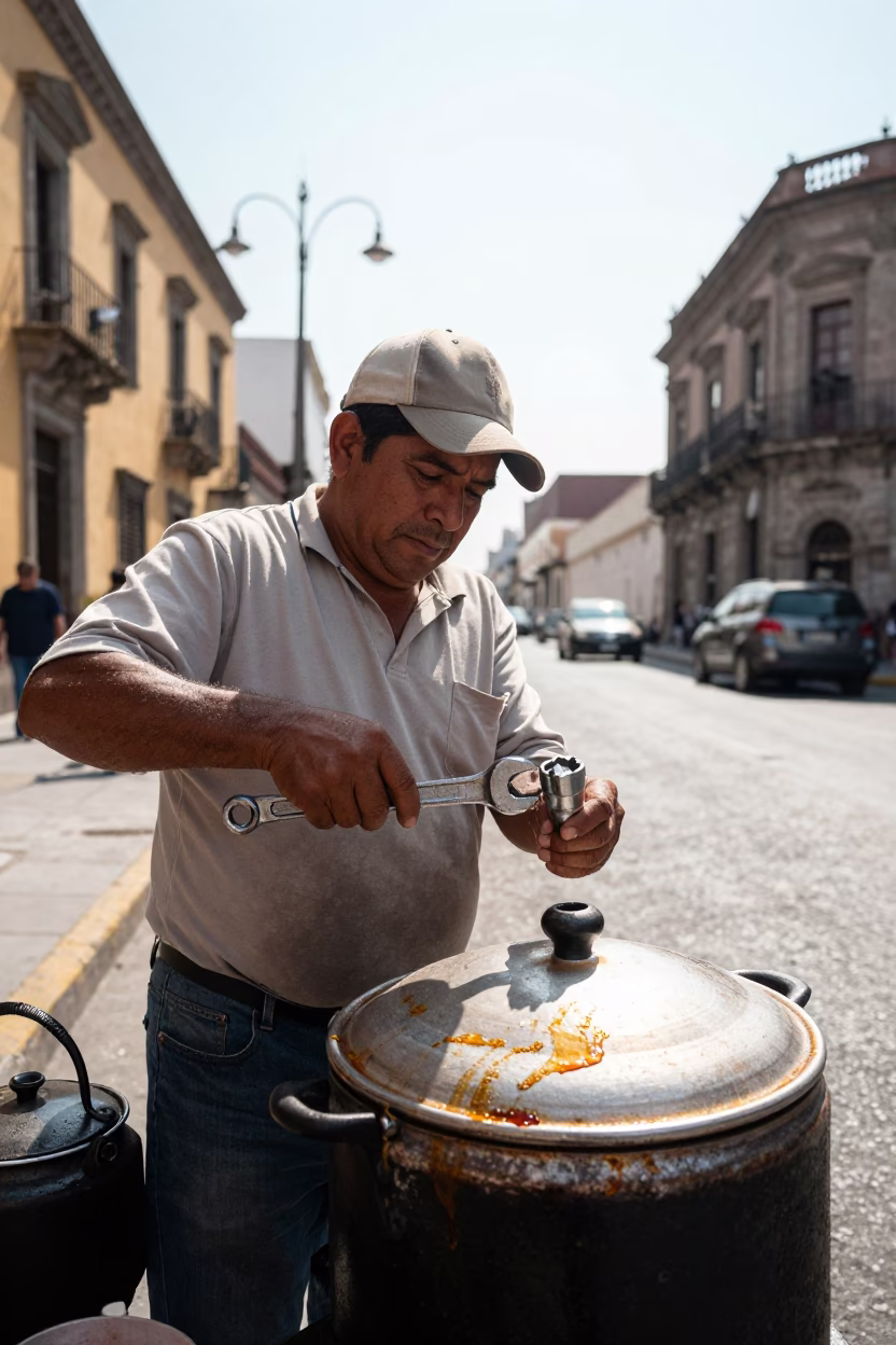 Noon Light on Mexico City Street Vendor with Wrench and Stool in in Mexico City, Mexico
