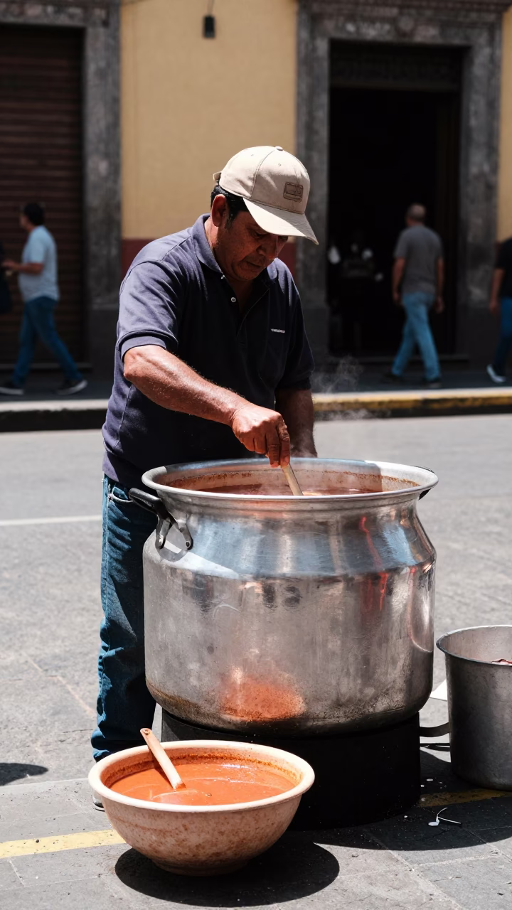 Noon light on Mexico City street with bowl of pozole and street vendor interaction in in Mexico City, Mexico