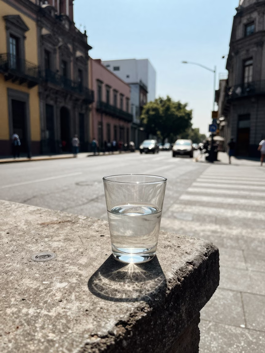 Noon Light on Mexico City Street with Mezcal Glass and Orange Slice in in Mexico City, Mexico