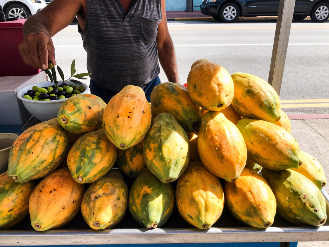 Noon Light on Miami Street Vendor Papayas and Olive Branch Display in in Miami, Florida, United States