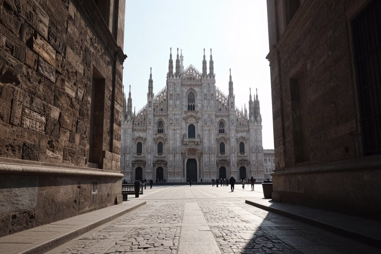 Noon Light on Milan Cobblestones Near Duomo Cathedral with Rustic Ceramic Bowl and Bread in in Milan, Italy