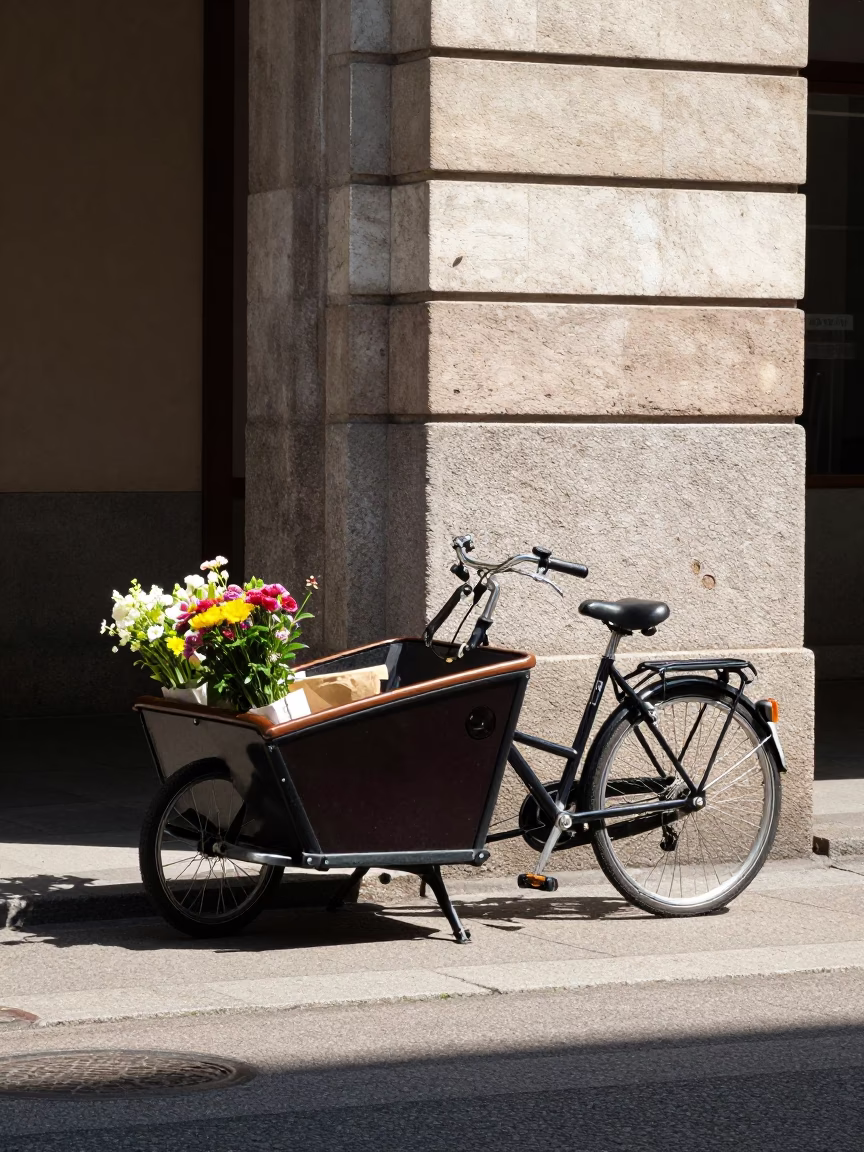 Noon Light on Milan Street Corner with Cargo Bicycle and Ceramic Shop Display in in Milan, Italy