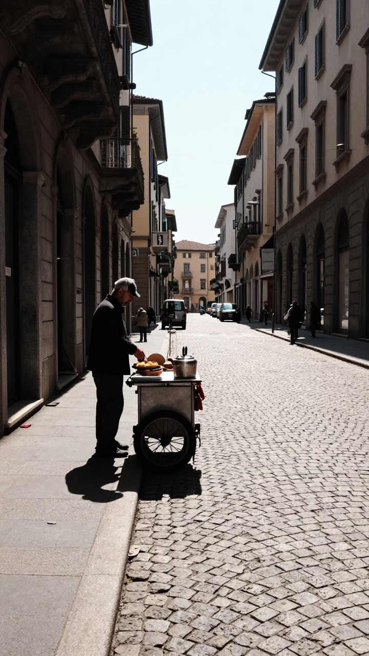 Noon Light on Milan Street with Kettle and Local Interaction in in Milan, Italy