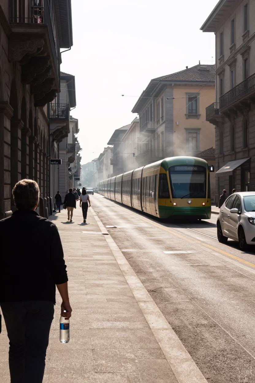 Noon Light on Milan Street with Monorail and Condensation on Bottle Neck in in Milan, Italy