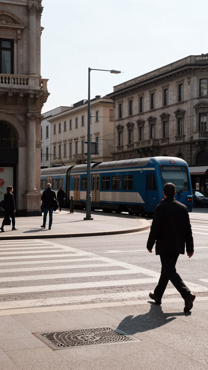 Noon Light on Milanese Street Corner with Commuter Train and Urban Details in in Milan, Italy