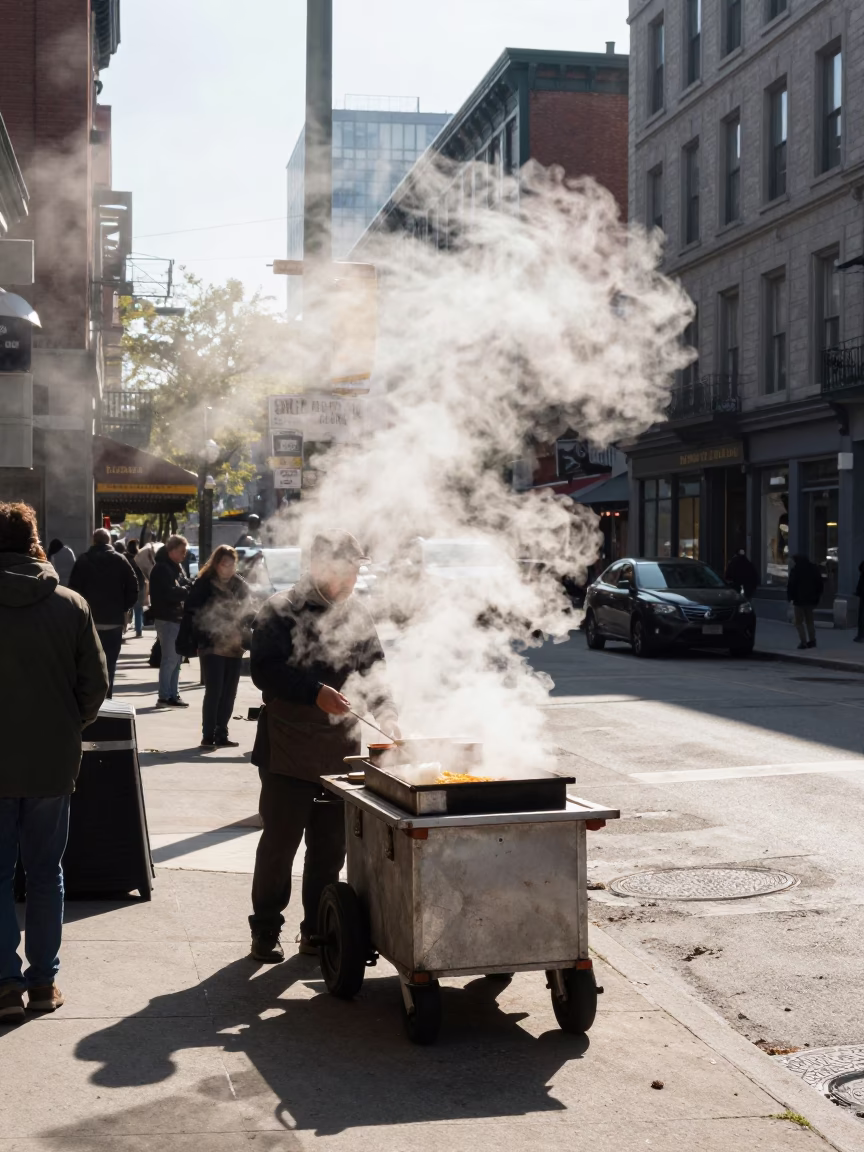 Noon Light on Montreal Street Corner with Steam Haze and Local Commerce in in Montreal, Quebec, Canada