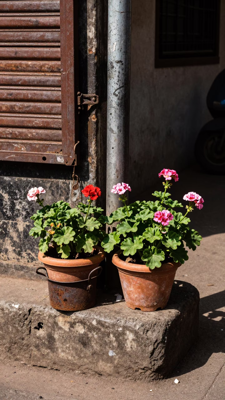 Noon Light on Mumbai Street Corner with Potted Geraniums and Utensil Crock in in Mumbai, India