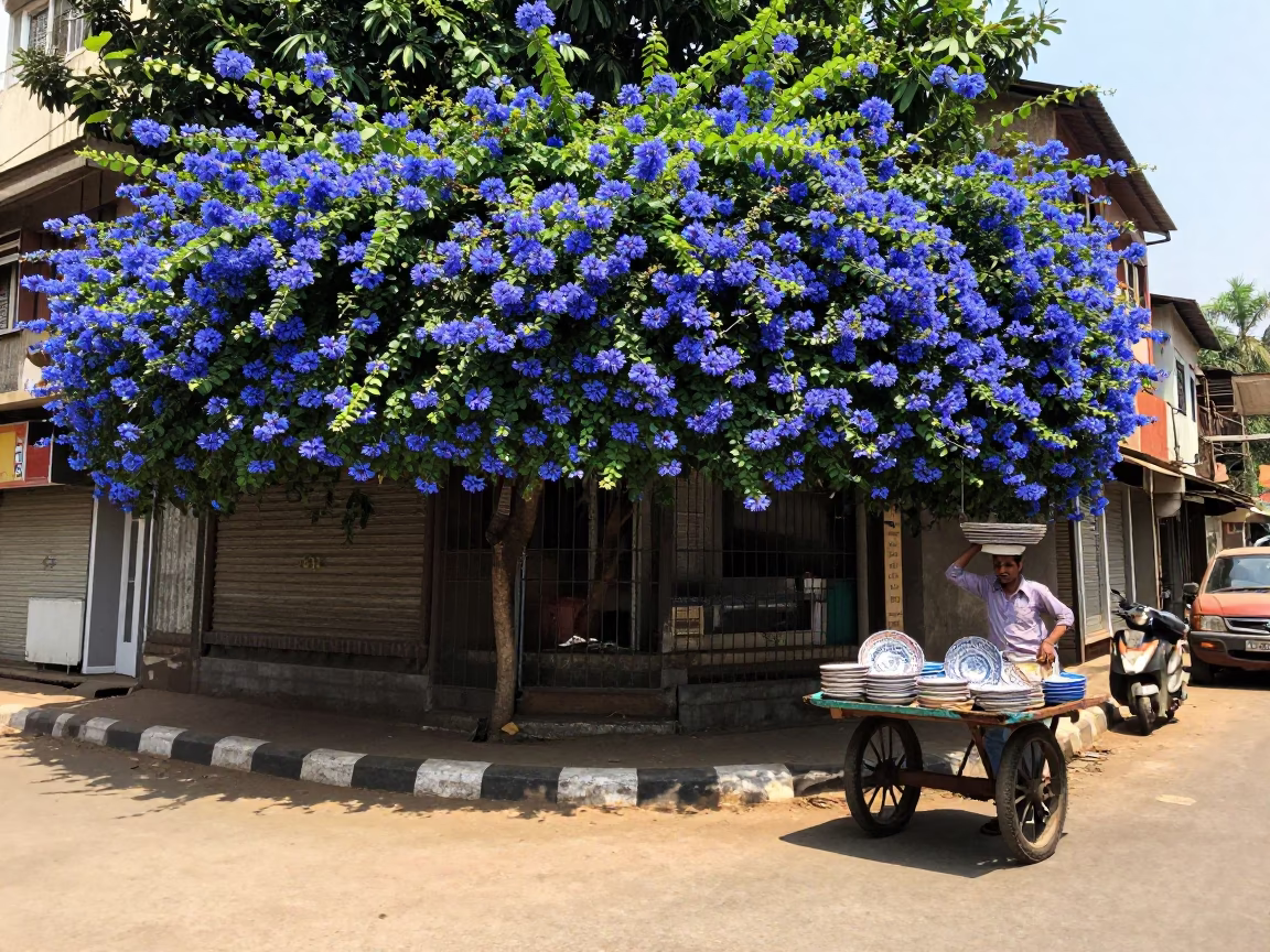 Noon Light on Mumbai Street with Plumbago Hedge and Vintage Majolica Plate in in Mumbai, India