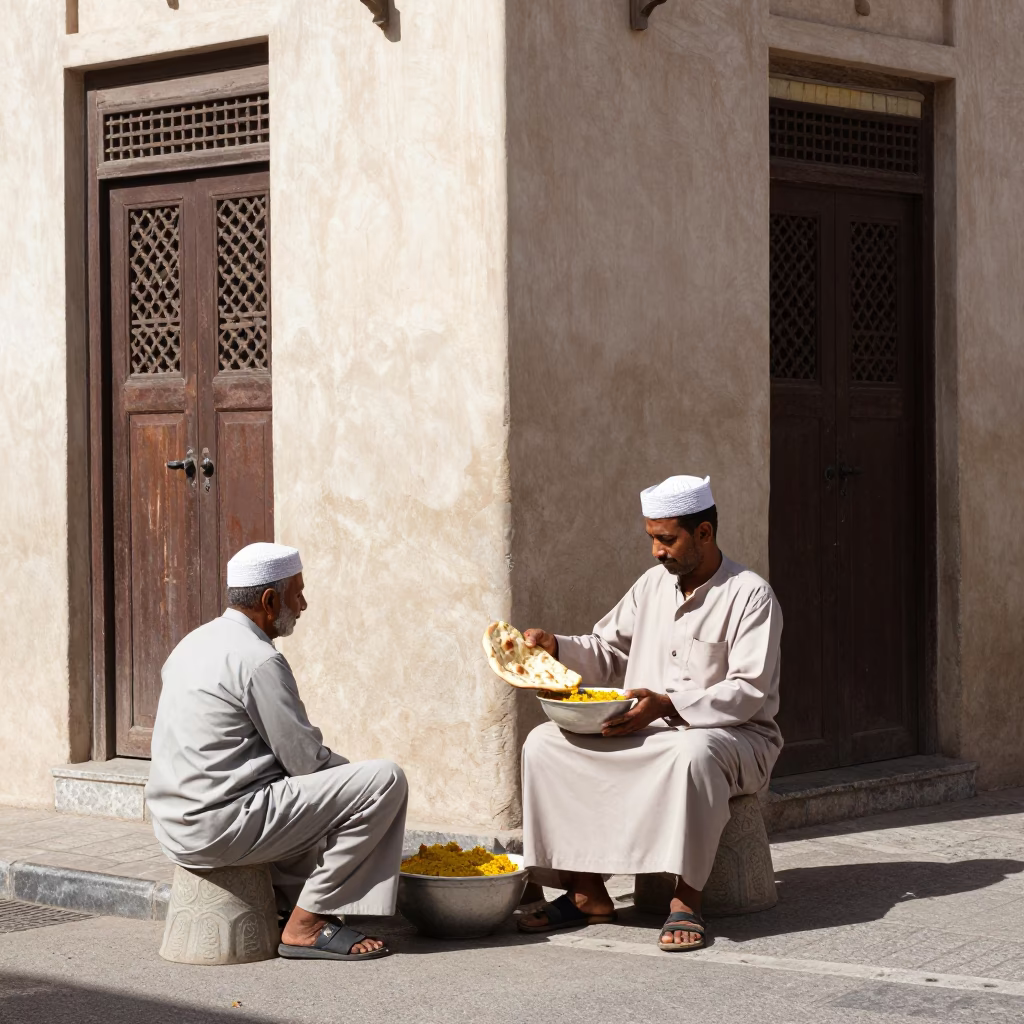 Noon Light on Muscat Street Corner with Local Vendor and Traditional Bowl of Dal in in Muscat, Oman