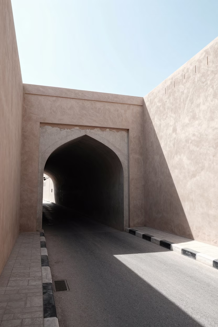 Noon Light on Muscat Street with Concrete Tunnel Wall and Local Commerce Scene in in Muscat, Oman
