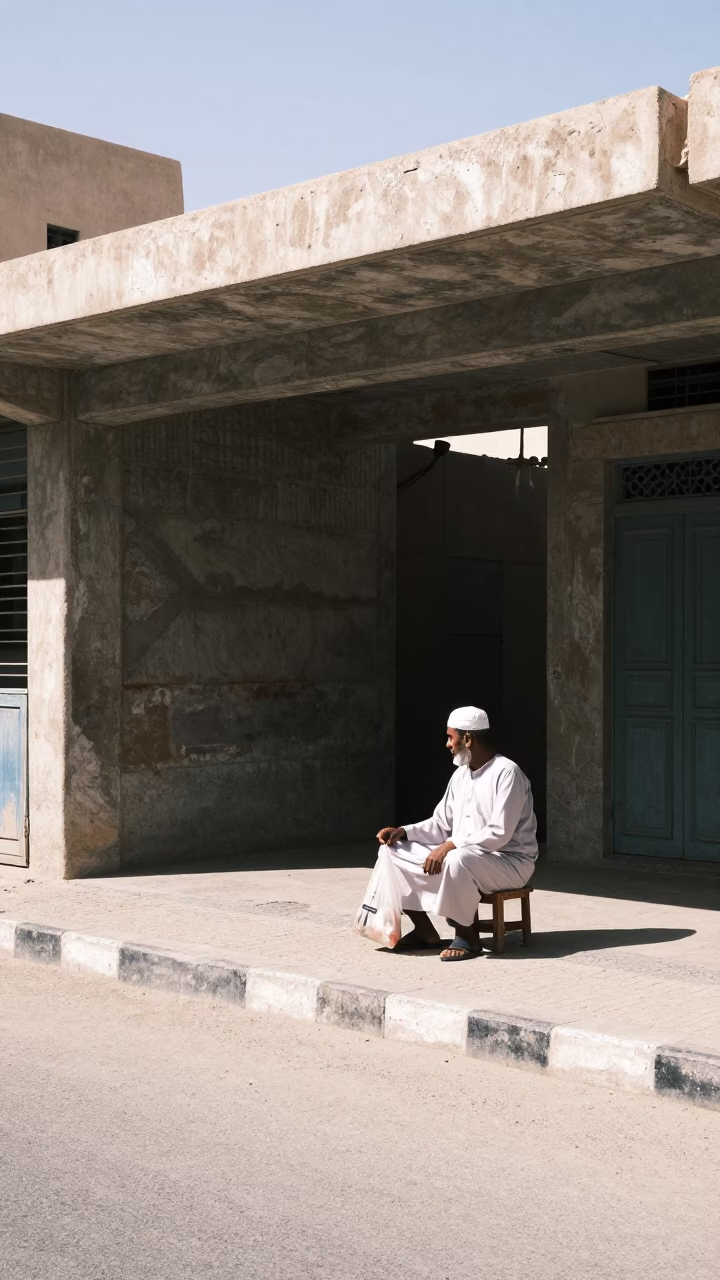 Noon light on Muscat street with plastic bag and hand fork in in Muscat, Oman