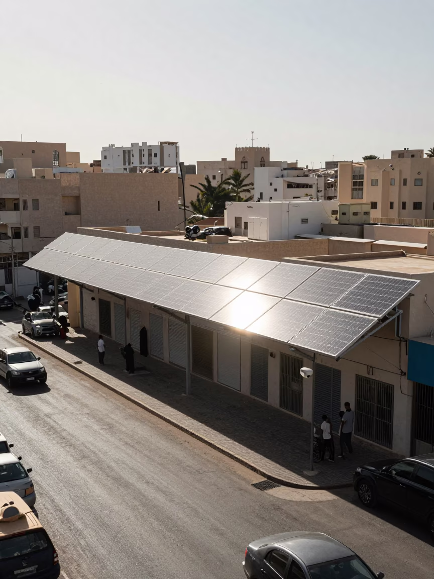 Noon light on Muscat street with silver solar panels and plastic mug in in Muscat, Oman