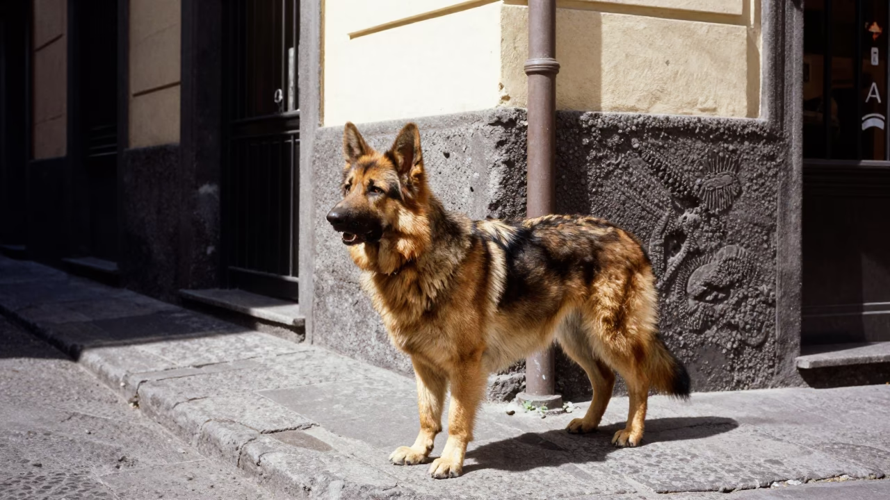 Noon Light on Naples Street Corner with Bohemian Shepherd and Child in in Naples, Italy