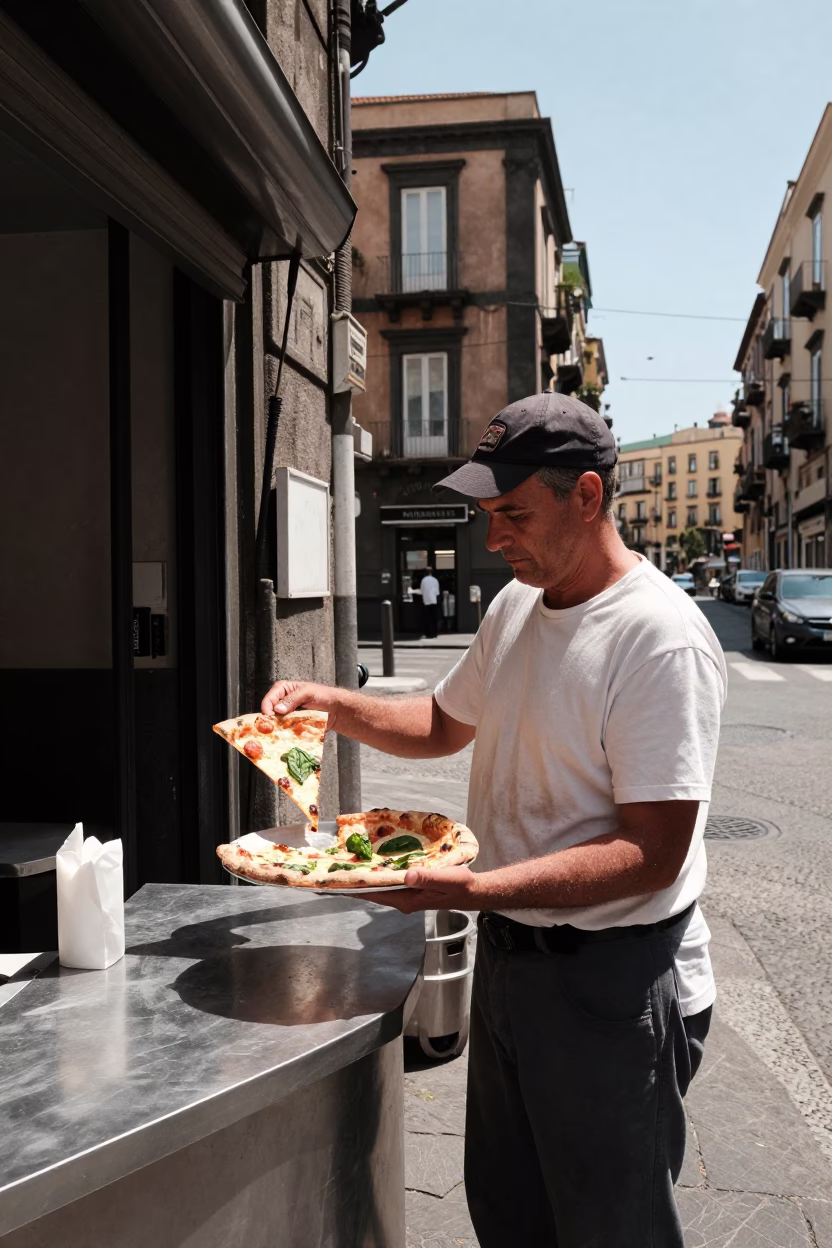 Noon Light on Naples Street Corner with Pizza Slice and Local Interaction in in Naples, Italy