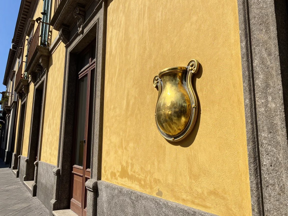 Noon Light on Naples Street with Brass Escutcheon and Local Market Activity in in Naples, Italy