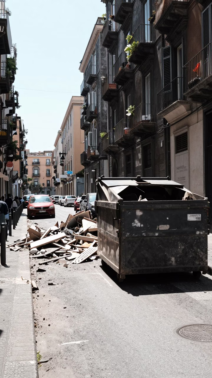 Noon Light on Naples Street with Demolition Dumpster and Cannoli Tray in in Naples, Italy