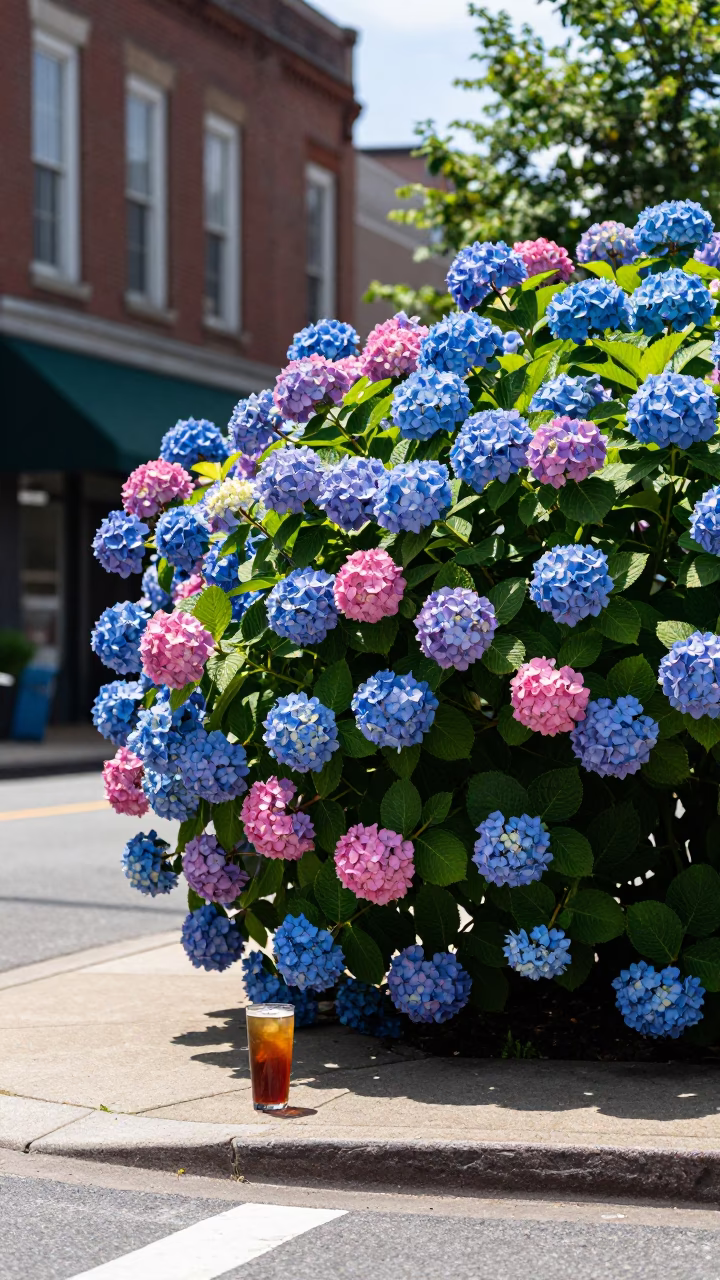 Noon Light on Nashville Street Corner with Hydrangea Bush and Glass Cup in in Nashville, Tennessee, United States