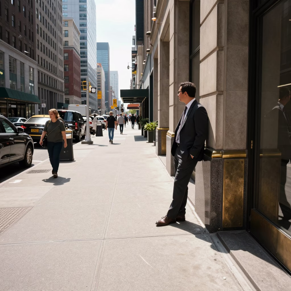 Noon Light on New York City Sidewalk with Brass Trim and Leaf Shadows in in New York, New York, United States