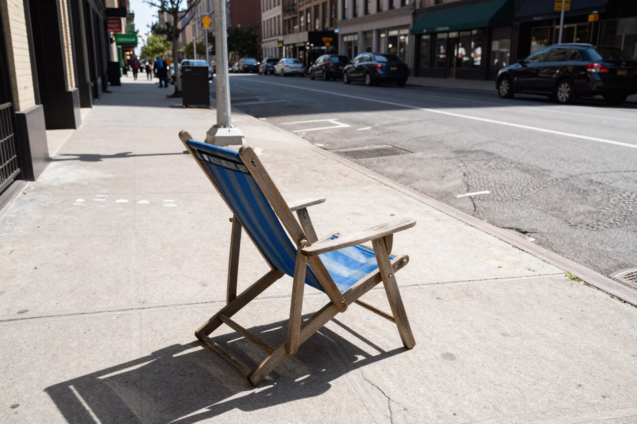 Noon Light on New York Sidewalk with Deck Chair and Condensation Details in in New York, New York, United States