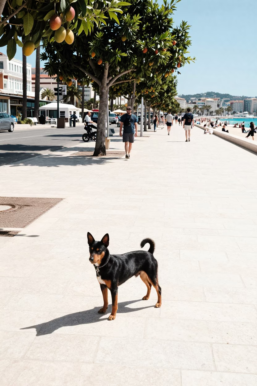 Noon Light on Nice Promenade with Basenji and Mangoes in in Nice, France