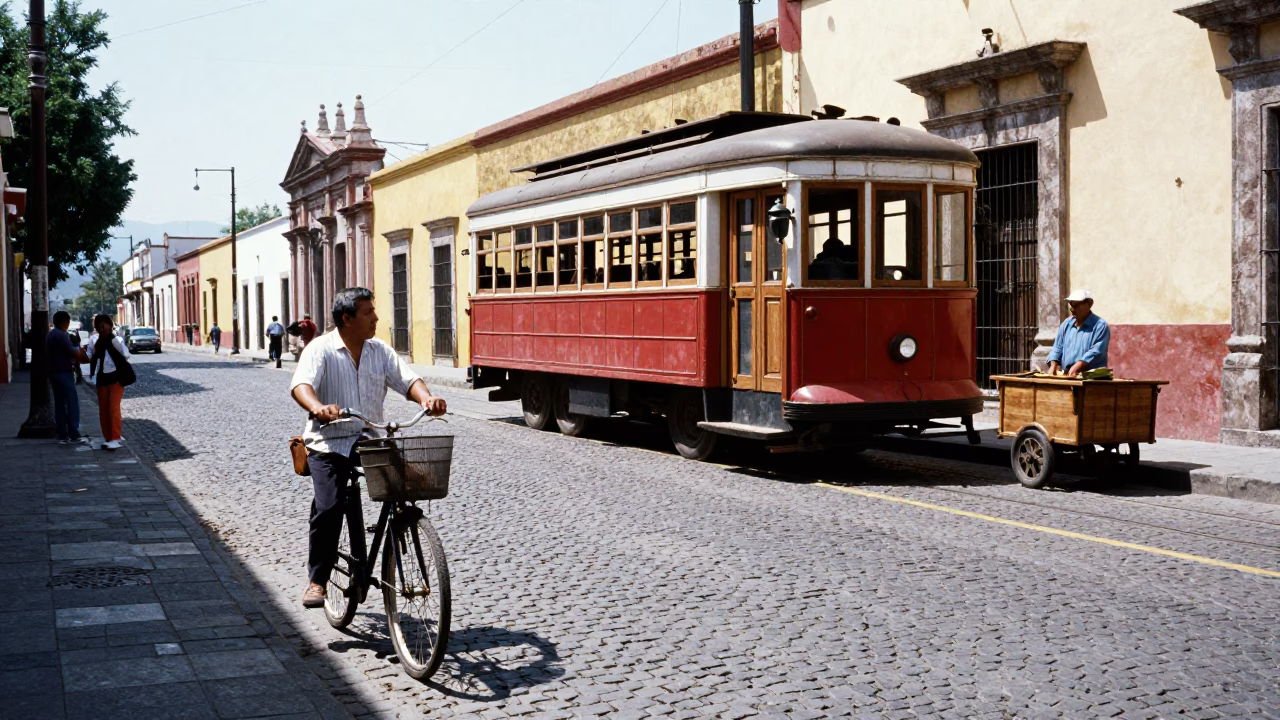 Noon light on Oaxaca cobblestone street with bicycle basket and heritage tram in in Oaxaca, Mexico