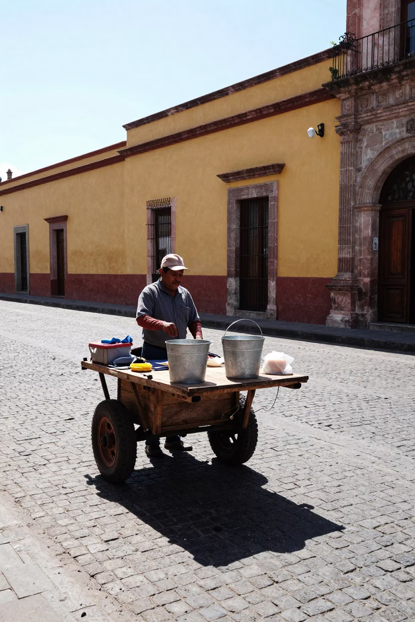 Noon light on Oaxaca street vendor with metal bucket and plastic plant mister in in Oaxaca, Mexico