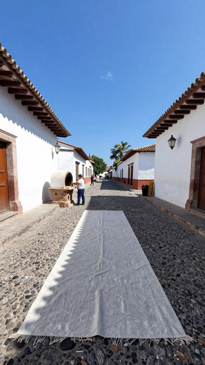 Noon Light on Oaxaca Street with Linen Runner and Traditional Clay Oven in in Oaxaca, Mexico