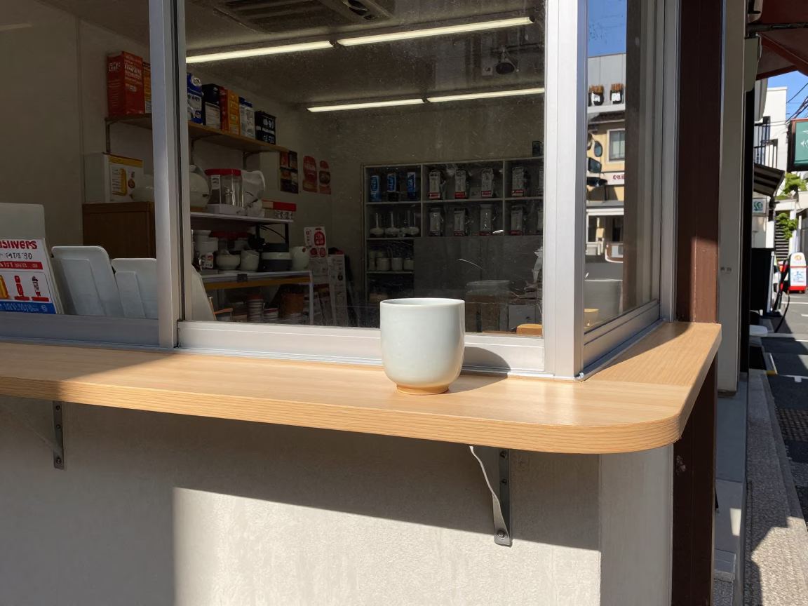 Noon Light on Osaka Street Corner with Ceramic Cup and Water Rings in in Osaka, Japan