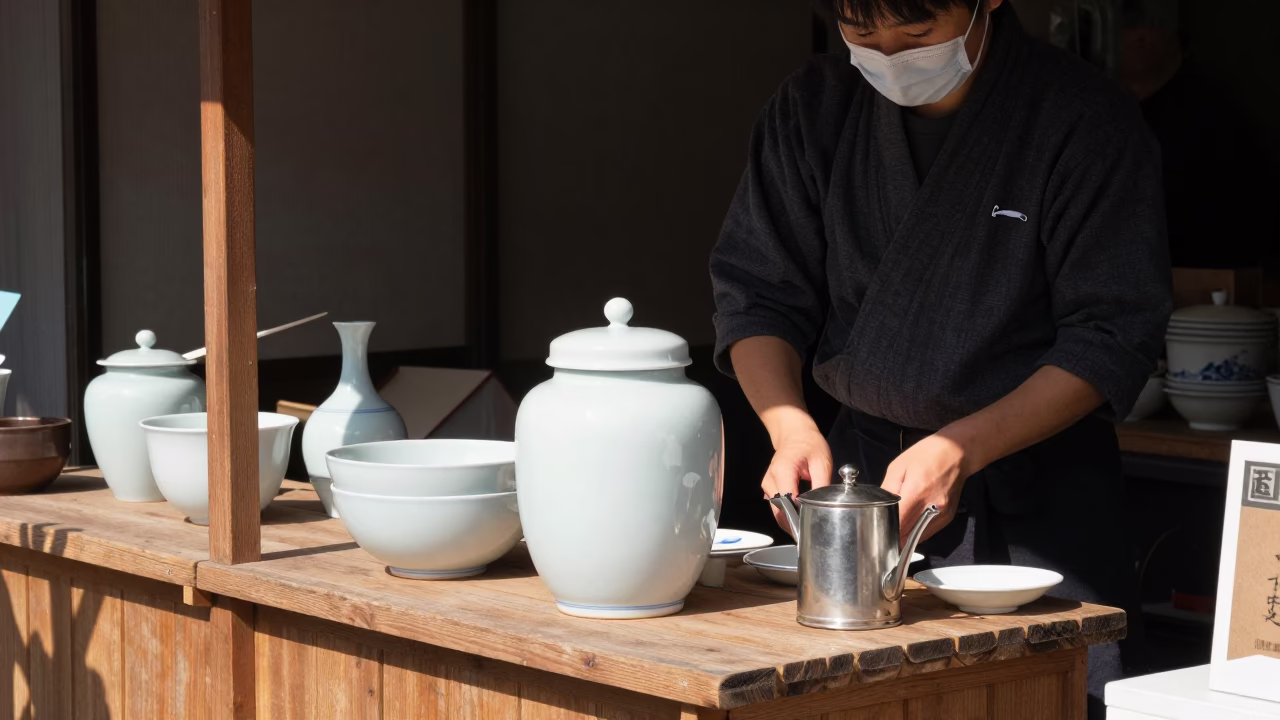 Noon light on Osaka street vendor stall with porcelain jar and tea infuser spoon in in Osaka, Japan