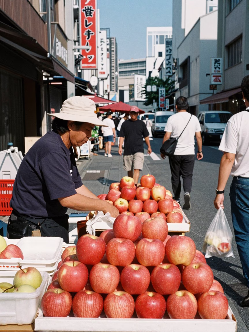 Noon light on Osaka street vendor with apples and handmade paper details in in Osaka, Japan