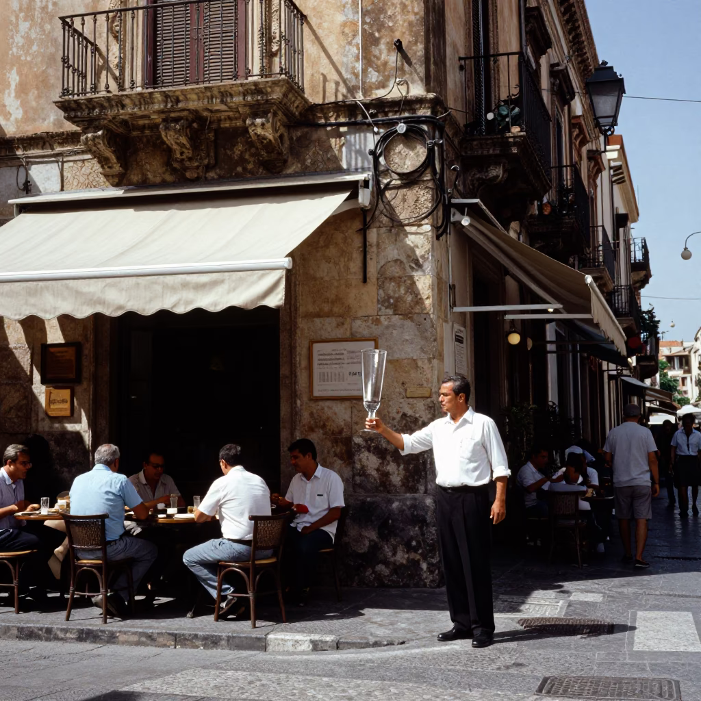 Noon light on Palermo street corner with glass tumbler and local interaction in in Palermo, Italy