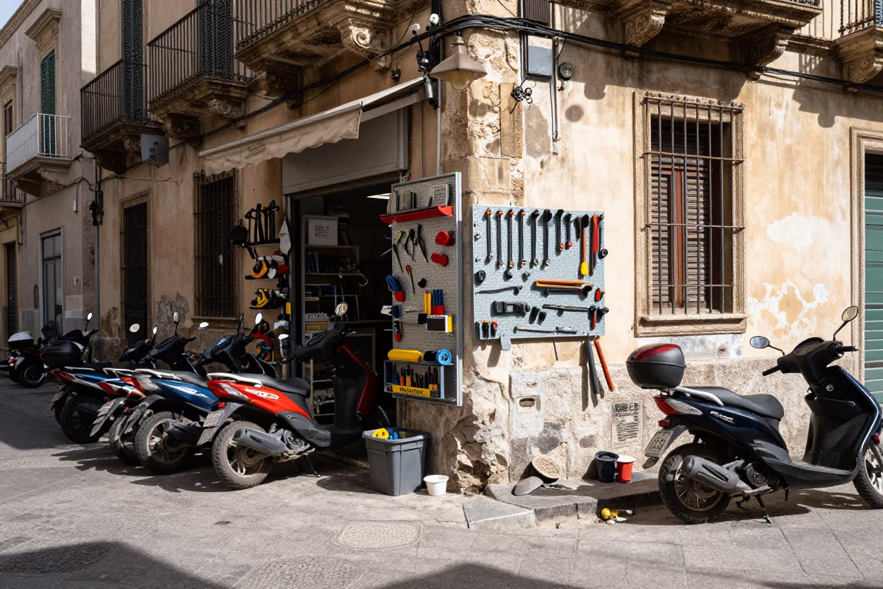 Noon Light on Palermo Street Corner with Hanging Tools and Local Pedestrians in in Palermo, Italy