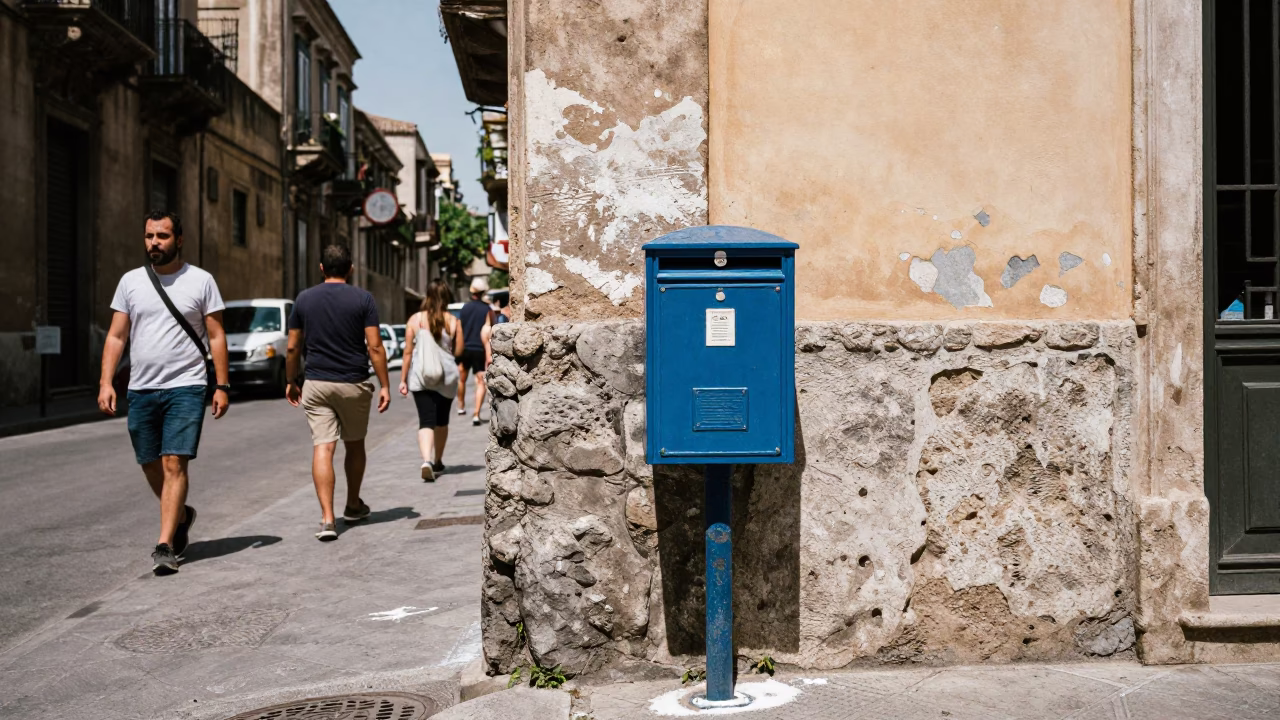 Noon Light on Palermo Street Corner with Mailbox and Local Interaction in in Palermo, Italy