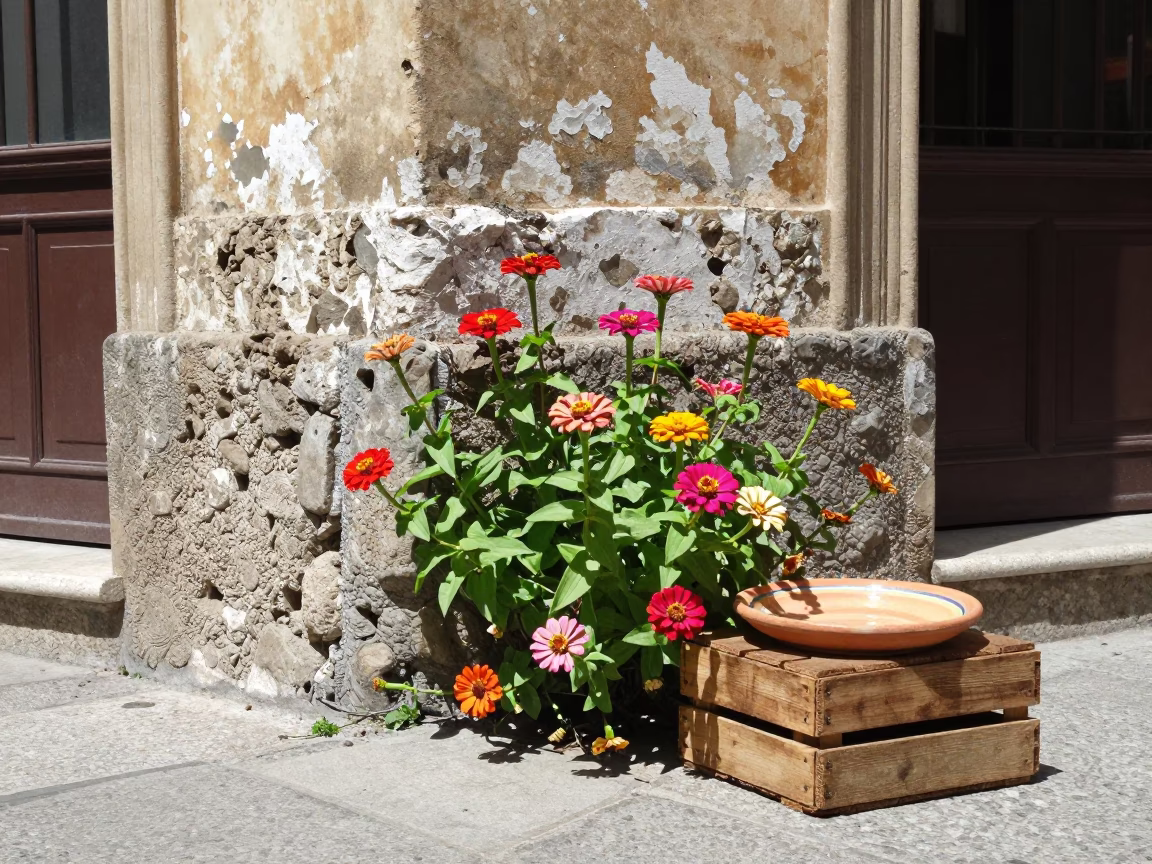 Noon light on Palermo street corner with zinnias and traditional ceramic trivet in in Palermo, Italy