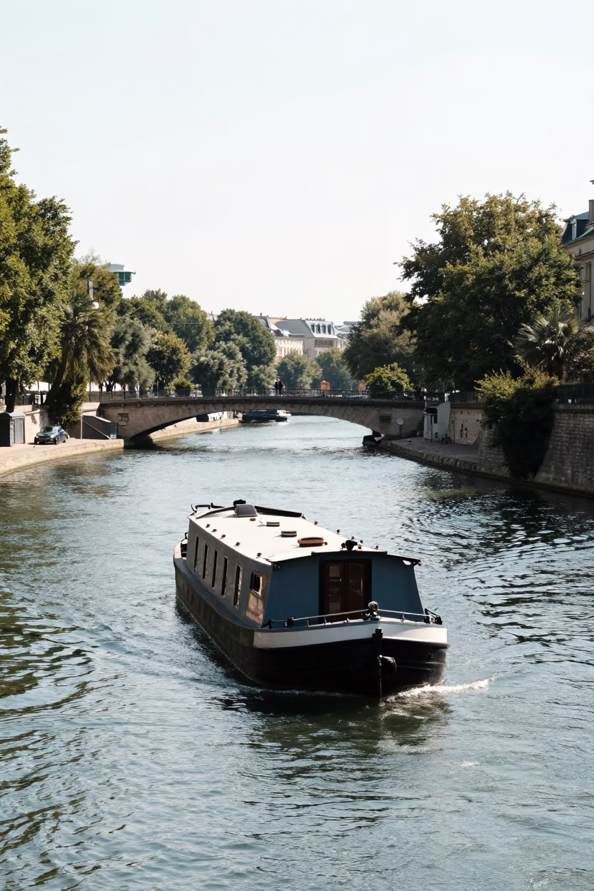 Noon light on Paris canal barge navigating bend near tree-lined embankment in in Paris, France