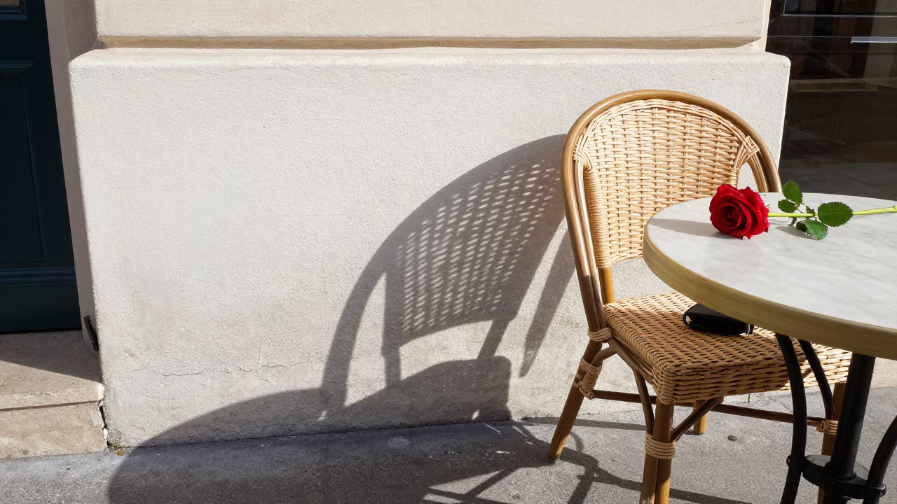 Noon Light on Paris Sidewalk with Wicker Chair Shadow and Urban Details in in Paris, France
