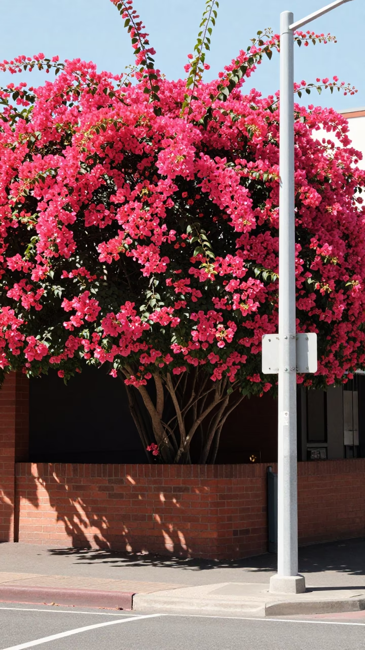 Noon Light on Perth Street Corner with Bougainvillea and Glass Jar in in Perth, Western Australia, Australia