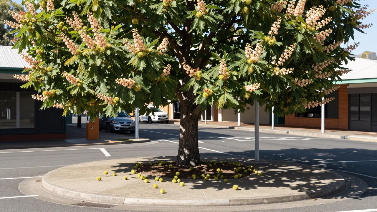 Noon light on Perth street corner with chestnut tree husks and storm drain runoff in in Perth, Western Australia, Australia